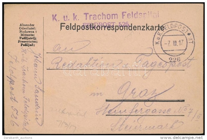 1917 Tábori Posta LevelezÅ‘lap / Field Postcard 'K.u.k. Trachom Feldspital' + 'FP 226' - Autres & Non Classés