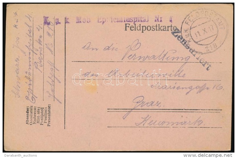 1917 Tábori Posta LevelezÅ‘lap / Field Postcard 'K.u.k. Mob. Epidemiespital Nr.4.' + 'FP 218' - Otros & Sin Clasificación