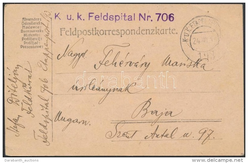 1917 Tábori Posta LevelezÅ‘lap / Field Postcard 'K.u.k. Feldspital Nr. 706' + 'EP 193' - Otros & Sin Clasificación