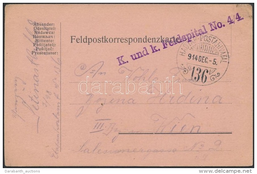 1914 Tábori Posta LevelezÅ‘lap / Field Postcard 'K. Und K. Feldspital No.4/4' + 'HP 136' - Otros & Sin Clasificación