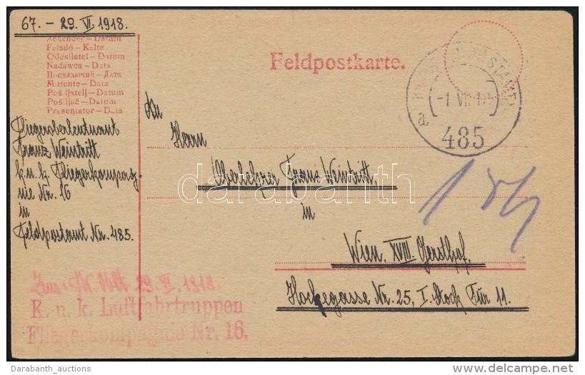 1918 Táborilap / Field Postcard 'K.u.k. Luftfahrtruppen Fliegerkompagnie Nr. 16.' + 'FP 485a' - Otros & Sin Clasificación