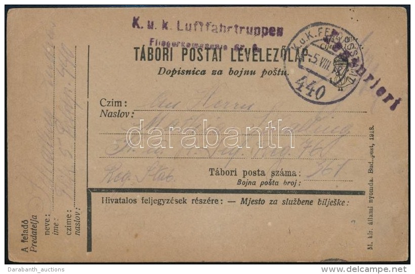 1918 Tábori Posta LevelezÅ‘lap / Field Postcard 'K.u.k. Luftfahrtruppen Fliegerkompagnie Nr. 5.' + 'FP 440' - Otros & Sin Clasificación