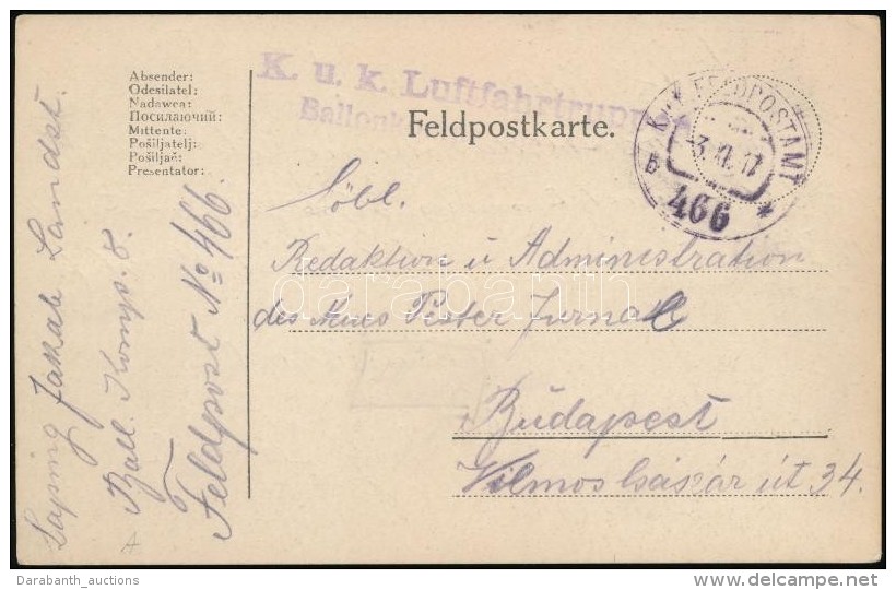 1917 Tábori Posta LevelezÅ‘lap / Field Postcard 'K.u.k. Luftfahrtruppen Ballonkompagnie' + 'FP 466 B' - Otros & Sin Clasificación