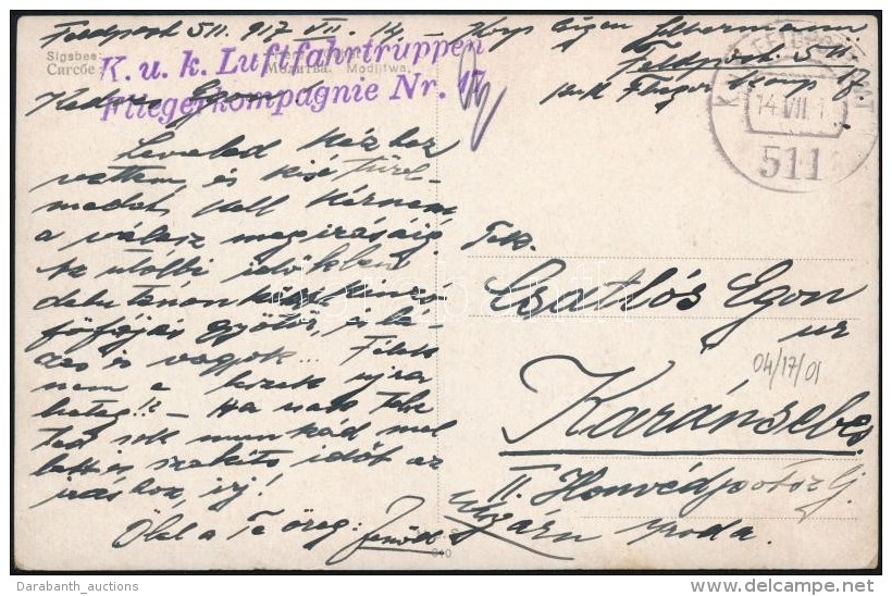 1917 Tábori Posta Képeslap / Field Postcard 'K.u.k. Luftfahrtruppen Fliegerkompagnie Nr. 17.' + 'FP... - Otros & Sin Clasificación