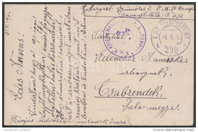 1918 Képeslap 'COMPO' Dunai Flottilla Hajóról / Postcard From Danube Flottille  Boat COMPO - Otros & Sin Clasificación