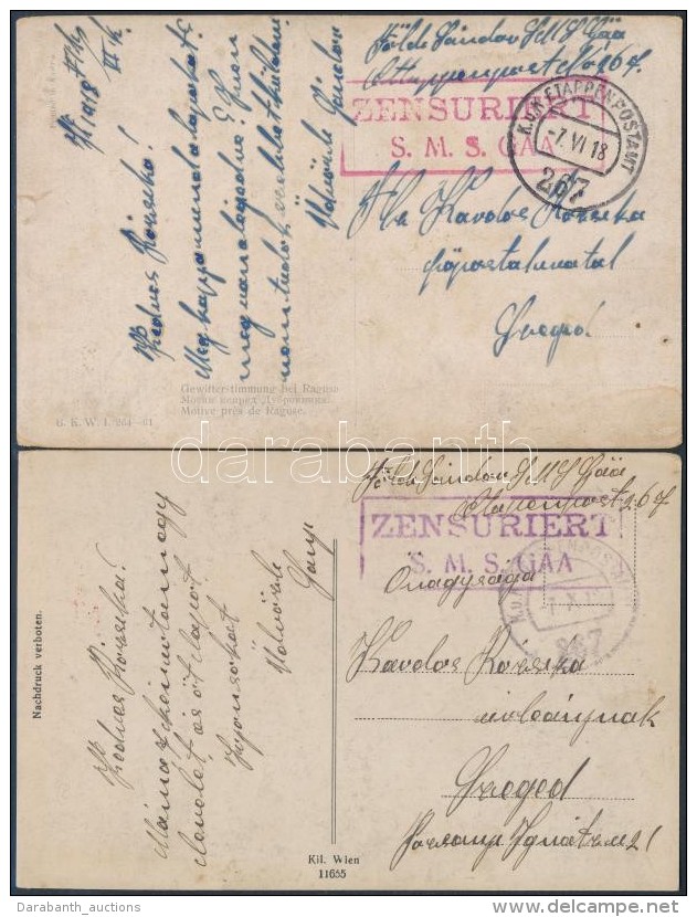 1918 2 Db Képeslap Klf SzínÅ± 'ZENSURIERT S.M.S. GÄA' Bélyegzéssel / 2 Postcards... - Otros & Sin Clasificación