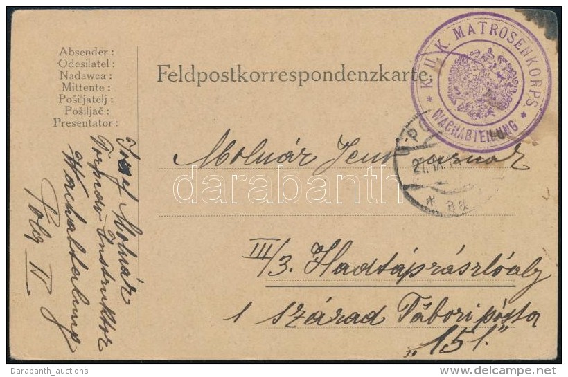 1914 Tábori Posta LevelezÅ‘lap / Field Postcard 'K.u.k. MATROSENKORPS WACHABTEILUNG' - Otros & Sin Clasificación