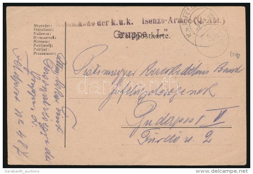 1918 Tábori Posta LevelezÅ‘lap / Field Post Card 'Kommando Der K.u.k. Isonzo-Armee (Q-Abt) Gruppe L' + 'FP... - Otros & Sin Clasificación