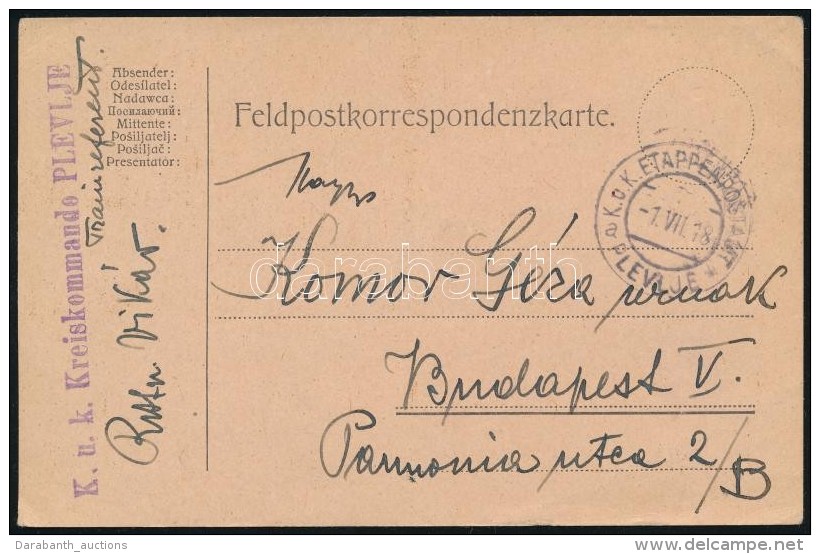 1918 Tábori Posta LevelezÅ‘lap / Field Postcard 'K.u.k. Kreiskommando PLEVLJE' + 'EP PLEVLJE A' - Otros & Sin Clasificación
