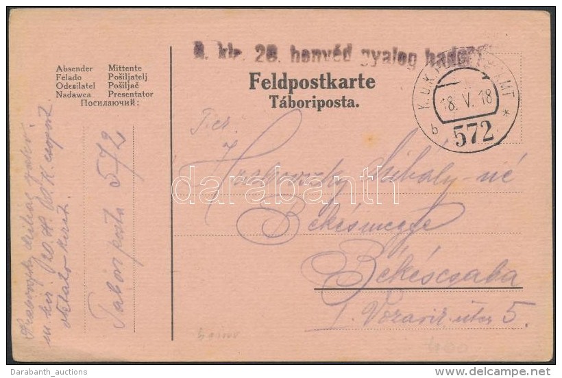 1918 Tábori Posta LevelezÅ‘lap / Field Post Cover 'M.kir. 20. Honvéd Gyalog Hadosz.' + 'FP 572' - Otros & Sin Clasificación