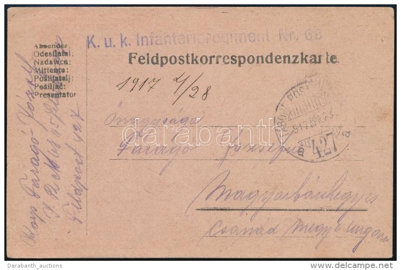 1917 Tábori Posta LevelezÅ‘lap / Field Postcard 'K.u.k. Infanterieregiment Nr.68' + 'TP 427 A' - Otros & Sin Clasificación