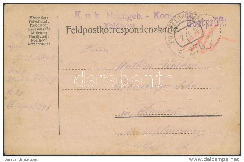 1916 Tábori Posta LevelezÅ‘lap / Field Postcard 'K.u.k. Hochgeb. - Kom. ...' + 'FP 376 B' - Otros & Sin Clasificación