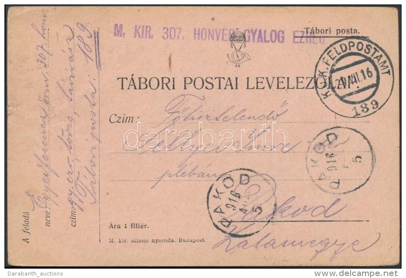 1916 Tábori Posta LevelezÅ‘lap / Field Postcard 'M.KIR. 307. HONVÉD GYALOG EZRED' + 'FP 189' - Otros & Sin Clasificación