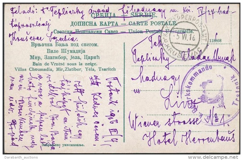 1916 Tábori Posta Képeslap / Field Postcard 'K.u.k. Bezirkskommando Trstenik' + 'EP KRUSEVAC B' - Otros & Sin Clasificación