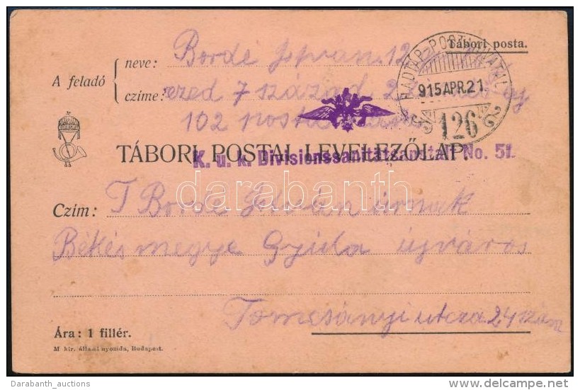 1915 Tábori Posta LevelezÅ‘lap / Field Postcard 'K.u.k. Divisionssanitätsanstalt No.51.' + 'HP 126' - Otros & Sin Clasificación