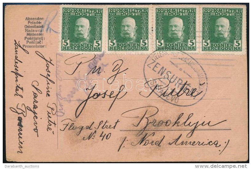 1916 Cenzúrás LevelezÅ‘lap Az USA-ba / Censored Postcard From Sarajevo To Brooklin / USA - Otros & Sin Clasificación