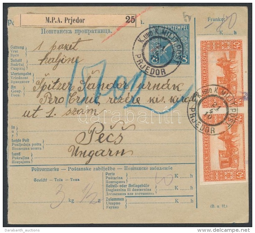 1910 Csomagszállító 40f Vágott Bélyegpárral / Parcel Card Franked With... - Otros & Sin Clasificación