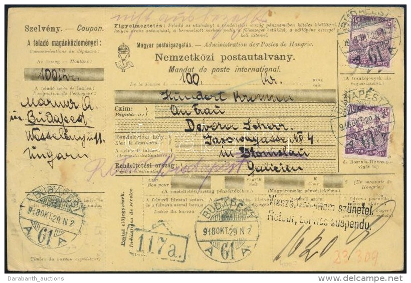 1918 Nemzetközi Postautalvány Galíciába Küldve, De A Nemzetközi Postaforgalom... - Otros & Sin Clasificación