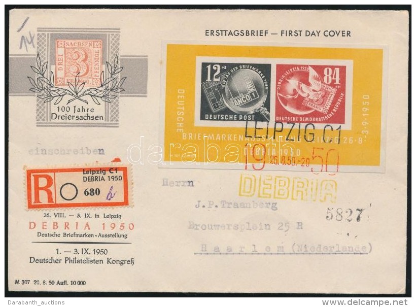 1950 DEBRIA Blokk Díjkiegészített FDC Hollandiába - Otros & Sin Clasificación