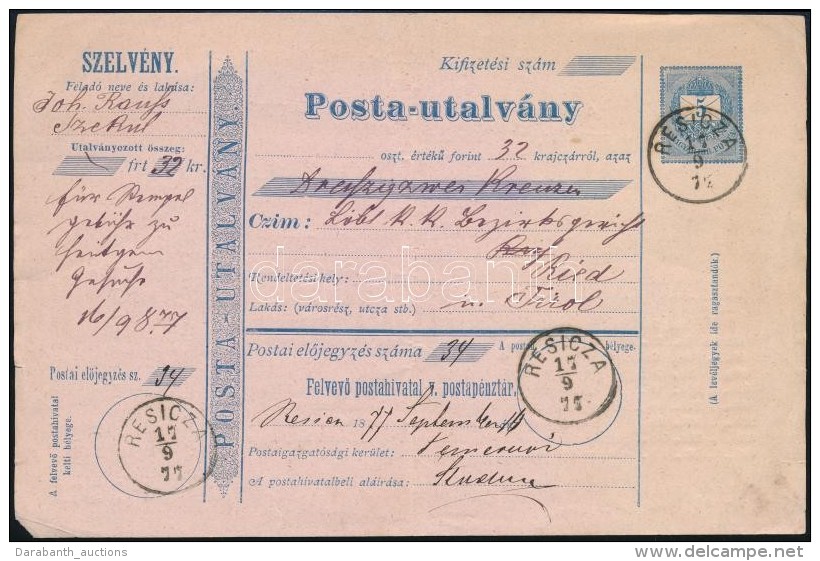 1877 5kr Díjjegyes Posta Utalvány 32 Krajcárról / 5kr PS-money Order 'RESICZA' - Otros & Sin Clasificación