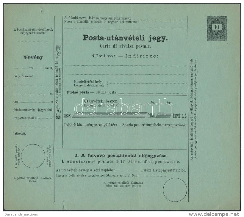 1874 Használatlan 10kr Postatutánvételi Jegy Magyar és Olasz Nyelven, MeglepÅ‘en... - Otros & Sin Clasificación