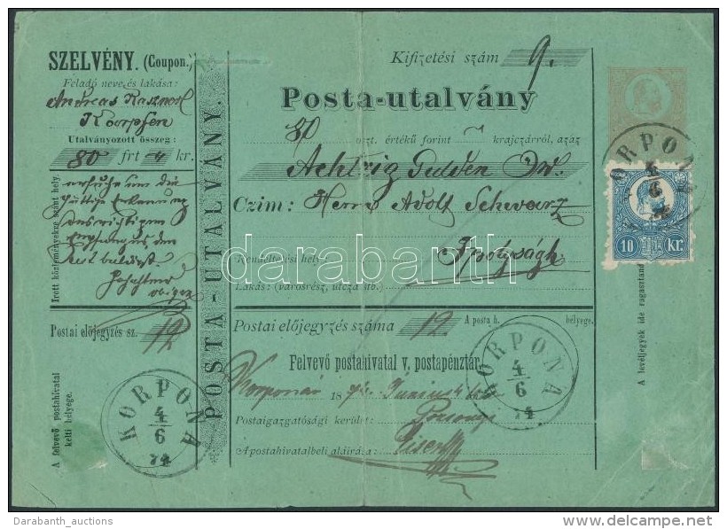 1874 5kr Postautalvány Réznyomat 10kr Díjkiegészítéssel / PS-money Order... - Other & Unclassified