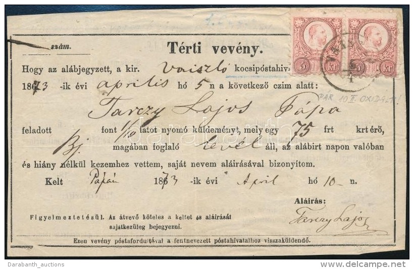 1873 Réznyomat 2 X 5kr Tértivevényen / Mi 2 X 10 On Retour Recepisse 'VAISZLO' - Other & Unclassified