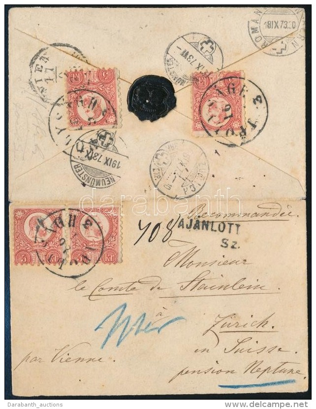 1873 4 X Réznyomat 5kr Ajánlott Levélen Svájcba. Szép és Ritka! / Mi 4 X... - Other & Unclassified