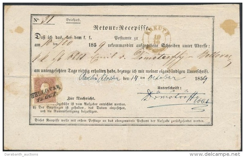 1859 10kr Tértivevényen / On Retour Recepisse 'KREUTZ' - 'BELLOVAR' - Otros & Sin Clasificación