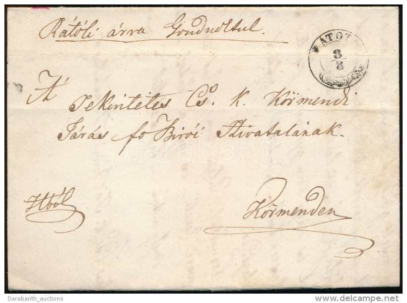 ~1847 Hivatalos Portós Levél / Official Unpaid Cover '(R)ÁTOT(H)' - Otros & Sin Clasificación