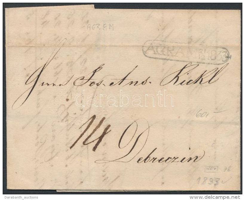 1833 Portós Levél / Unpaid Cover 'AGRAM' - Debreczin - Other & Unclassified