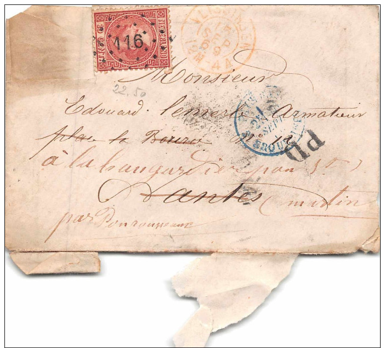 PAYS BAS  - 1869 -Timbre  10 C NEDERLAND  - Cachet  116  + Cacchet Entrée ERQUELINES + P.D - Postal History