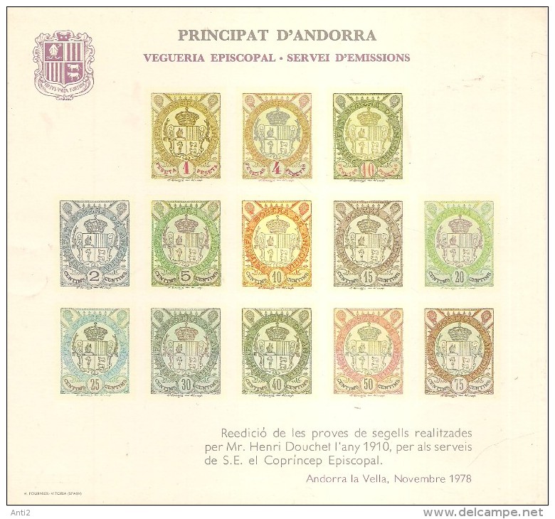 Spanish Andorra 1978 Vegueria Episcopal - Servei D'emmissions Souvenirsheet With Newprint Of Proves Of 1910   MNH(**) - Viguerie Episcopale