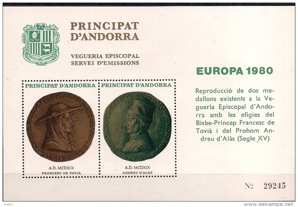 Spanish Andorra 1980 Vegueria Episcopal - Servei D'emmissions International Europa 1980   MNH(**) - Viguerie Episcopale