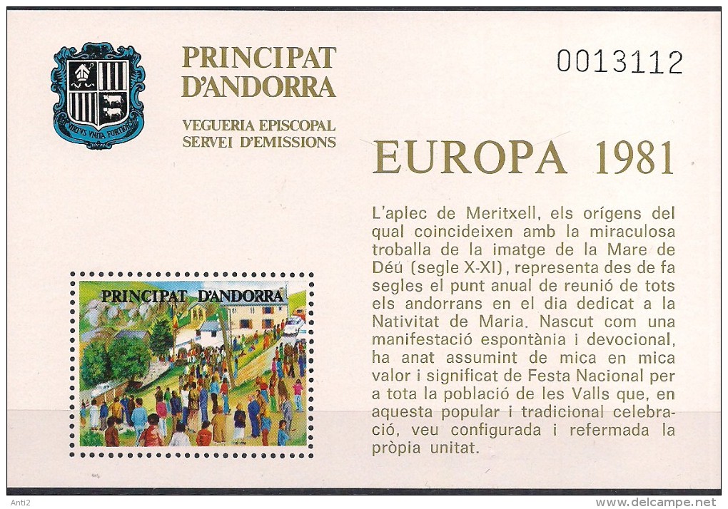 Spanish Andorra 1981 Vegueria Episcopal - Servei D'emmissions International Europa 1981   MNH(**) - Vicariato Episcopale
