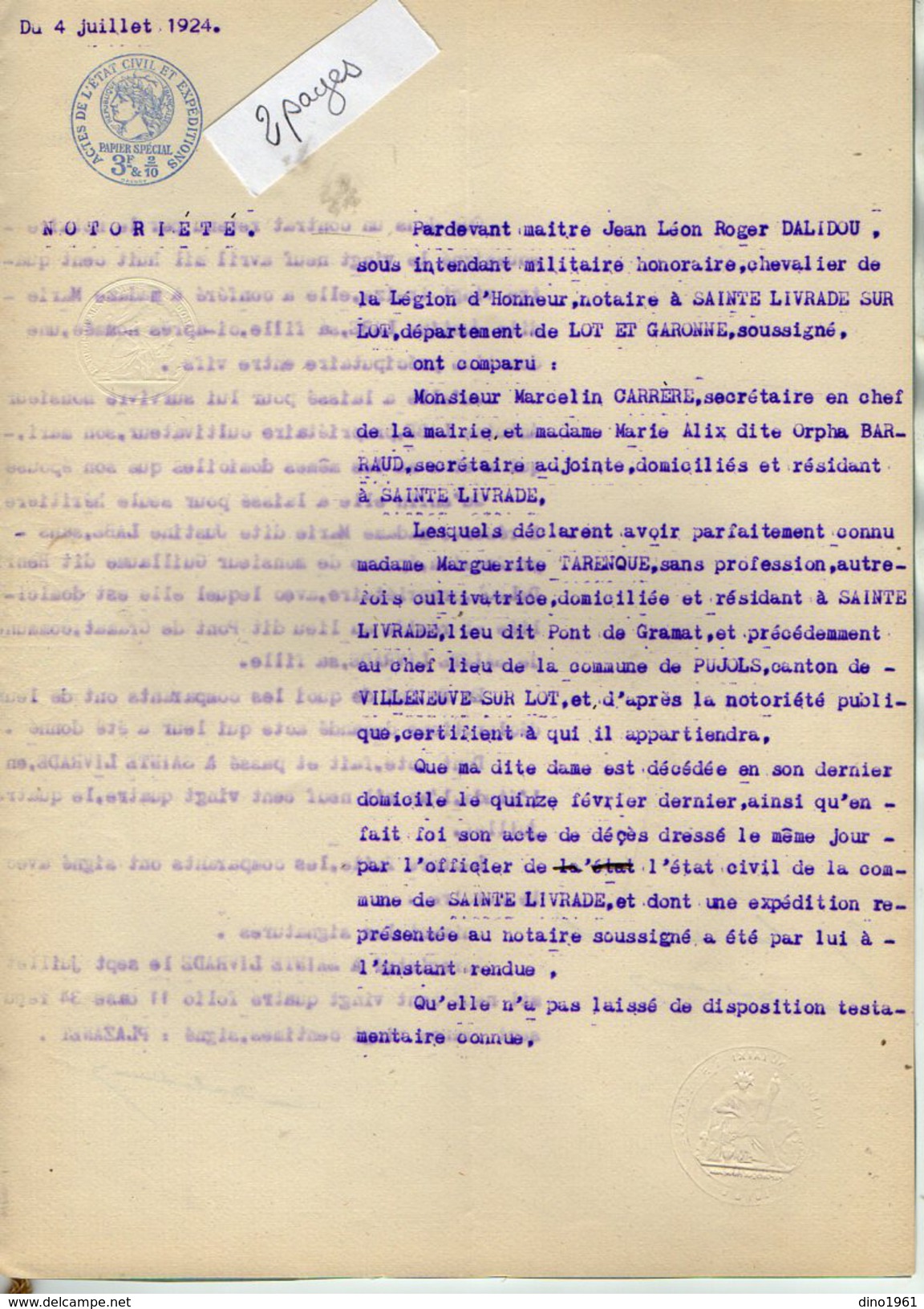 VP6094 - SAINTE LIVRADE - Acte De 1924 - Généalogie Notoriété Mme LABE Née TARENQUE - Collections