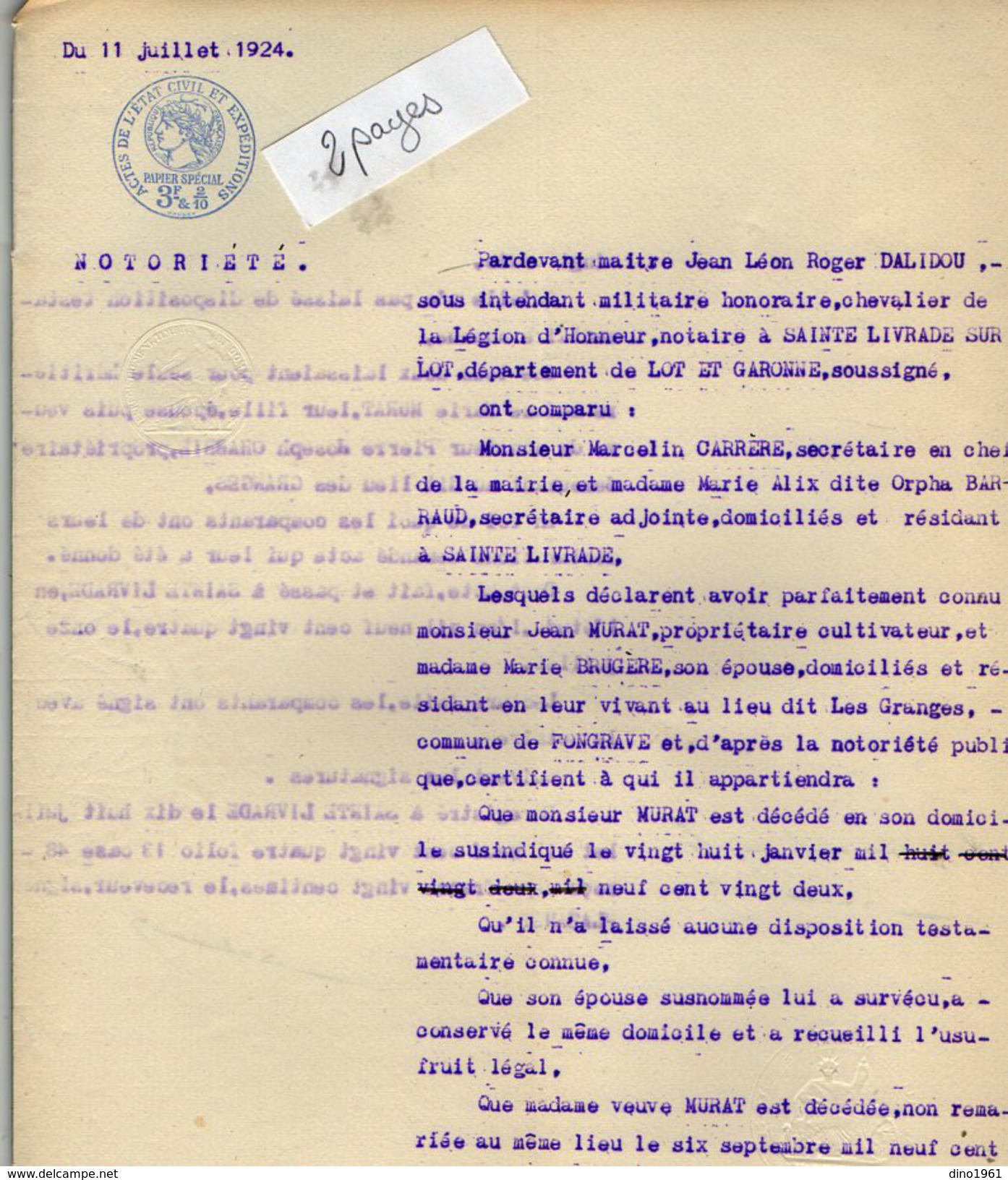 VP6095 - SAINTE LIVRADE - Acte De 1924 - Généalogie Notoriété J.MURAT à FONGRAVE - Collections