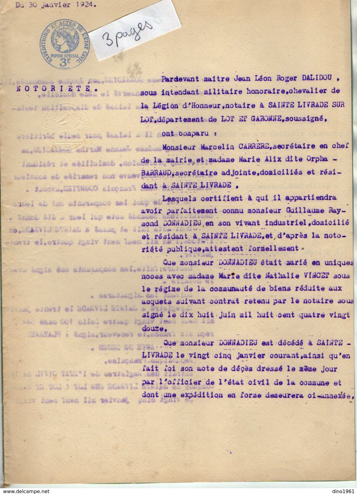 VP6096 - SAINTE LIVRADE - Acte De 1924 - Généalogie - Notoriété DONNADIEU - Collections