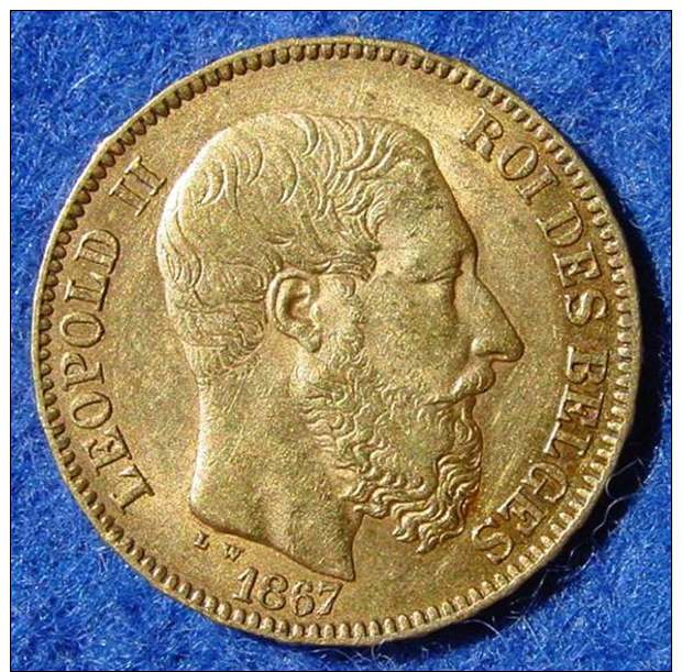 (1047854) Belgien 20 Francs Goldmünze Original 1867. Leopold II. Siehe Bitte Beschreibung U. Bilder - 20 Francs (or)