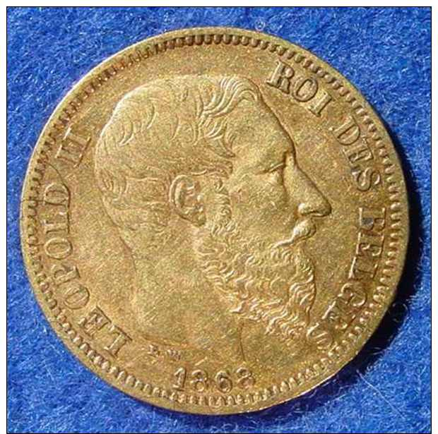 (1047855) Belgien 20 Francs Goldmünze Original 1868. Leopold II. Siehe Bitte Beschreibung U. Bilder - 20 Francs (or)