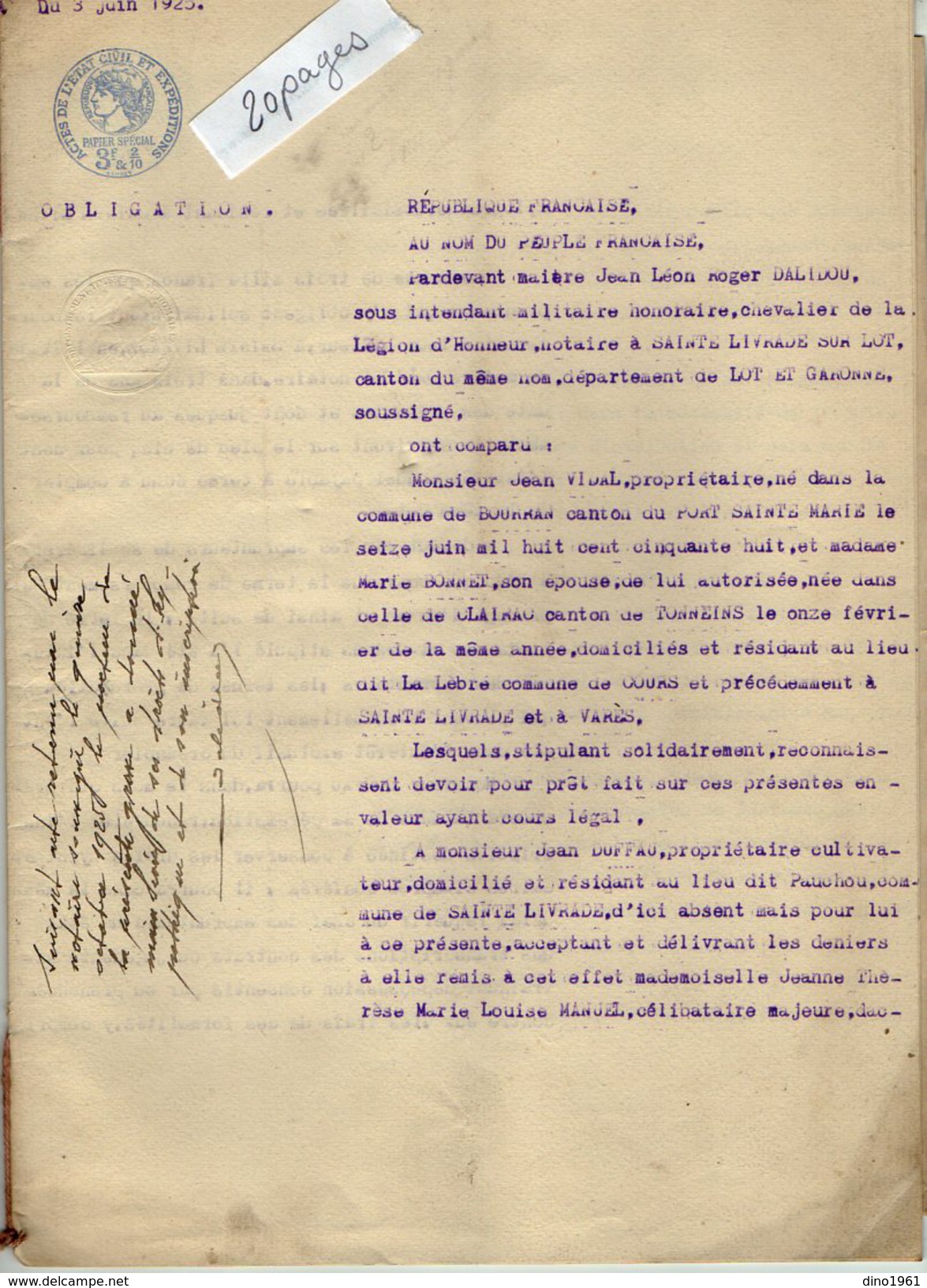 VP6099 - SAINTE LIVRADE - Acte De 1925 - Obligation Par VIDAL à COURS à DUFFAU - Collections