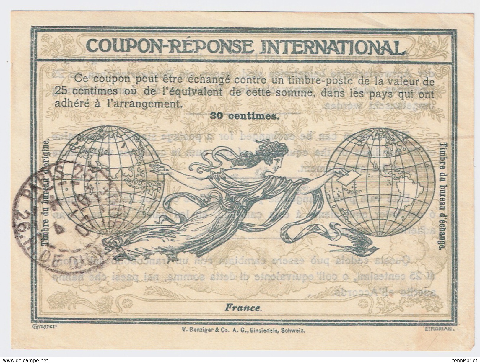 1907 ,30 C. " PARIS - 4.10.07 "   , Premier Mois De IAS !!#6429 - Reply Coupons