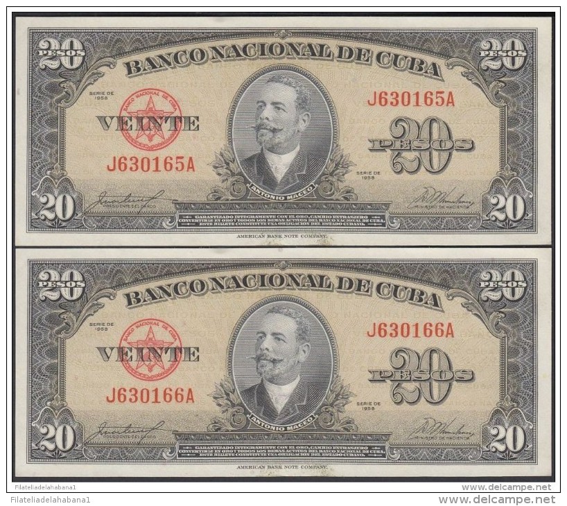 1958-BK-152  CUBA 1958. BANCO NACIONAL. 20$. ANTONIO MACEO. UNC. 2 CONSECUTIVOS. - Cuba