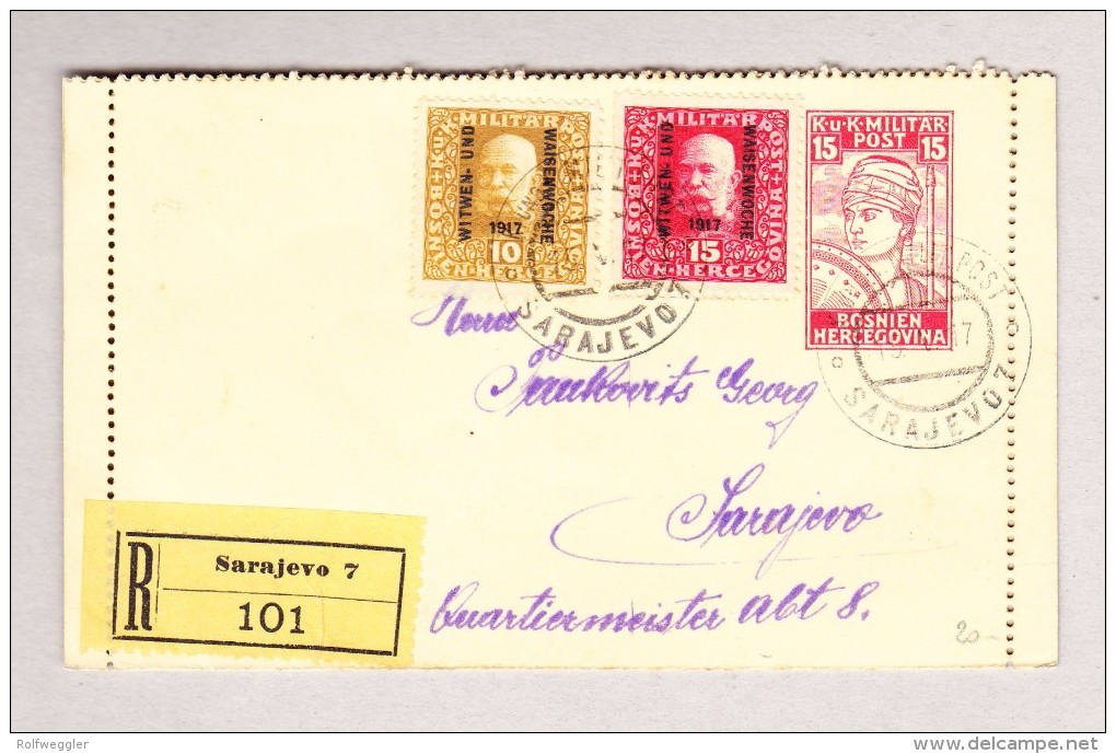 Bosnien U Herzegowina KuK SARAJEVO  15.5.1917 Eingeschriebene Orts-Ganzsache Mit Zusatzfrankatur - Levante-Marken