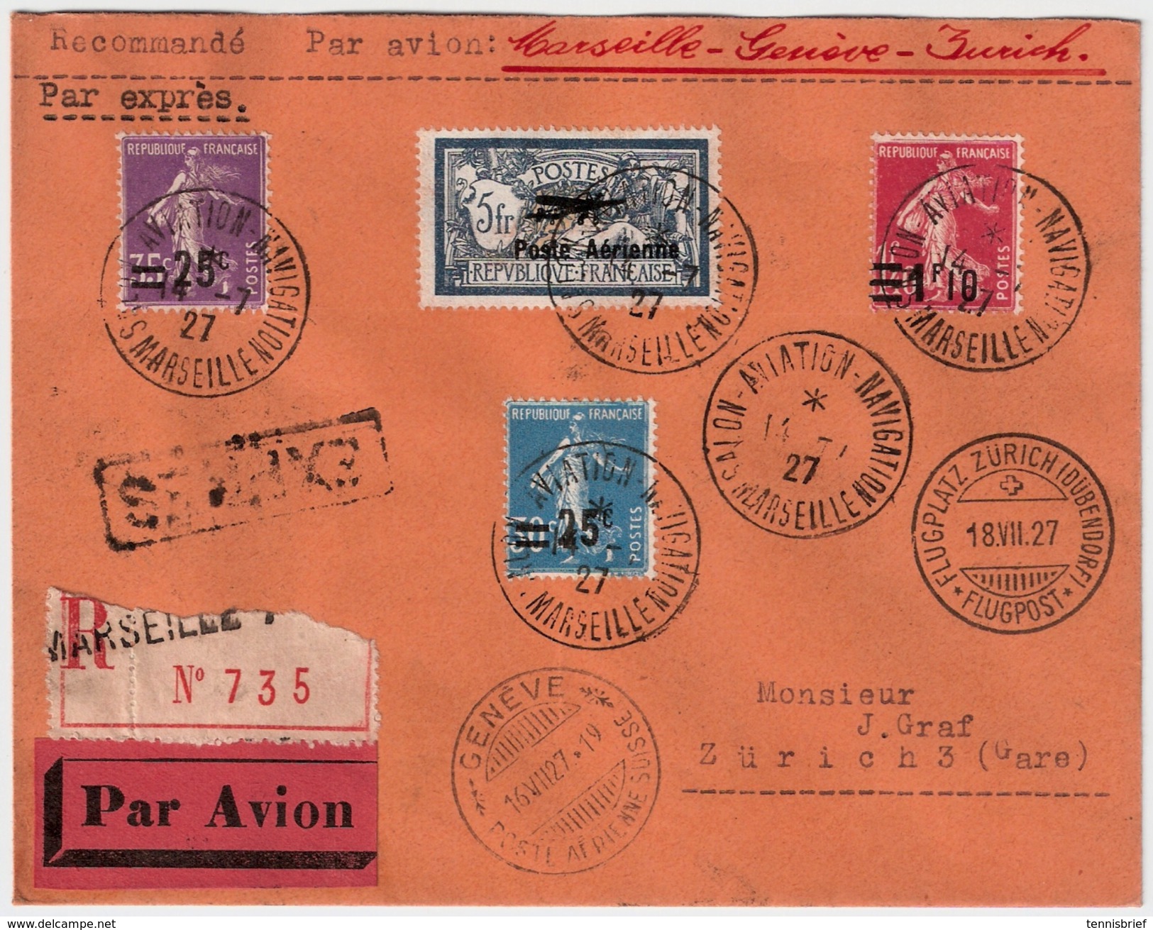 1927, 5 Fr. " Poste Aerienne " Sur Lettre Avion , #6410 - Covers & Documents