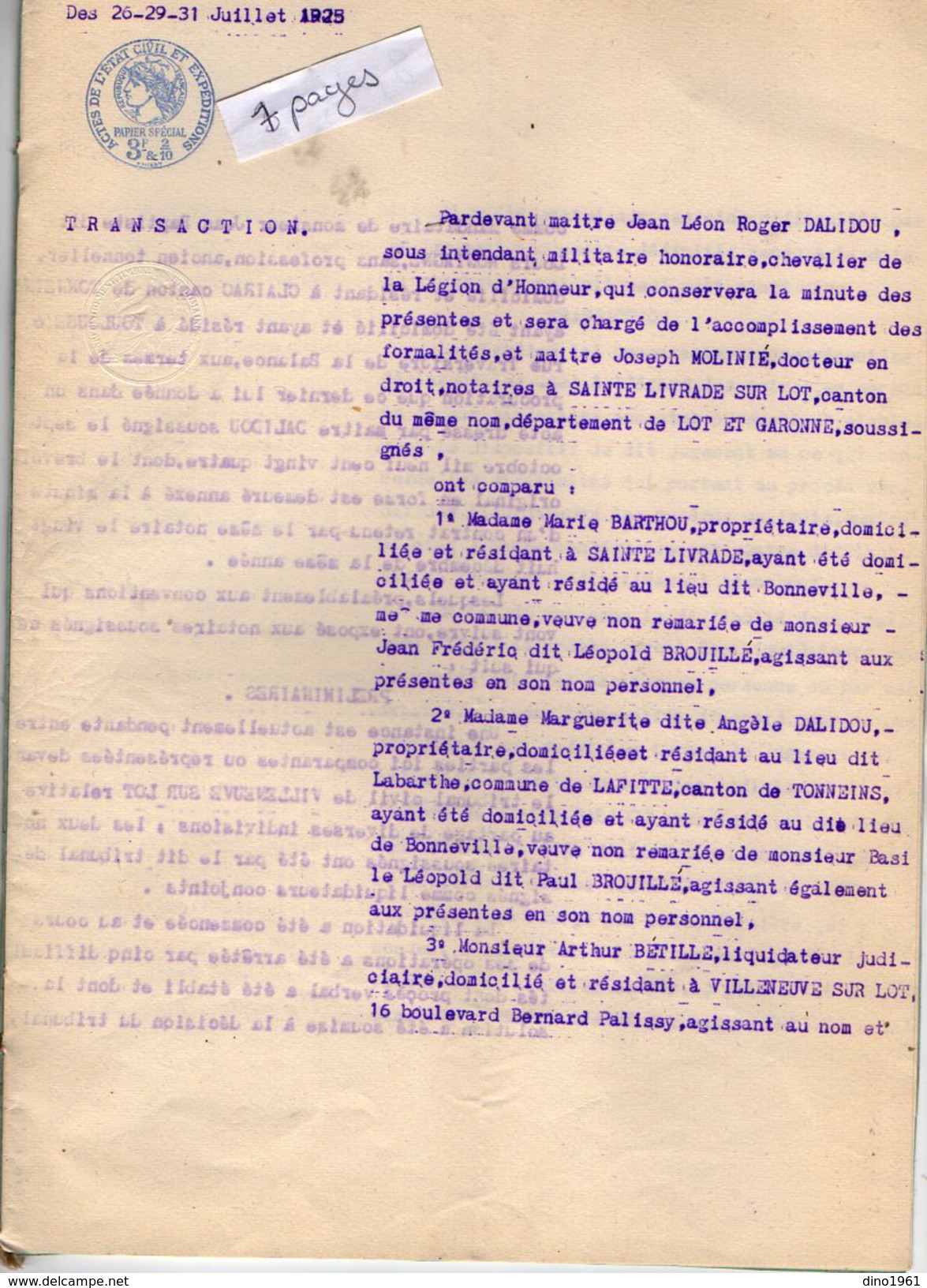 VP6100 - SAINTE LIVRADE - Acte De 1925 - Transaction Entre BROUILLE Héritiers - Collections