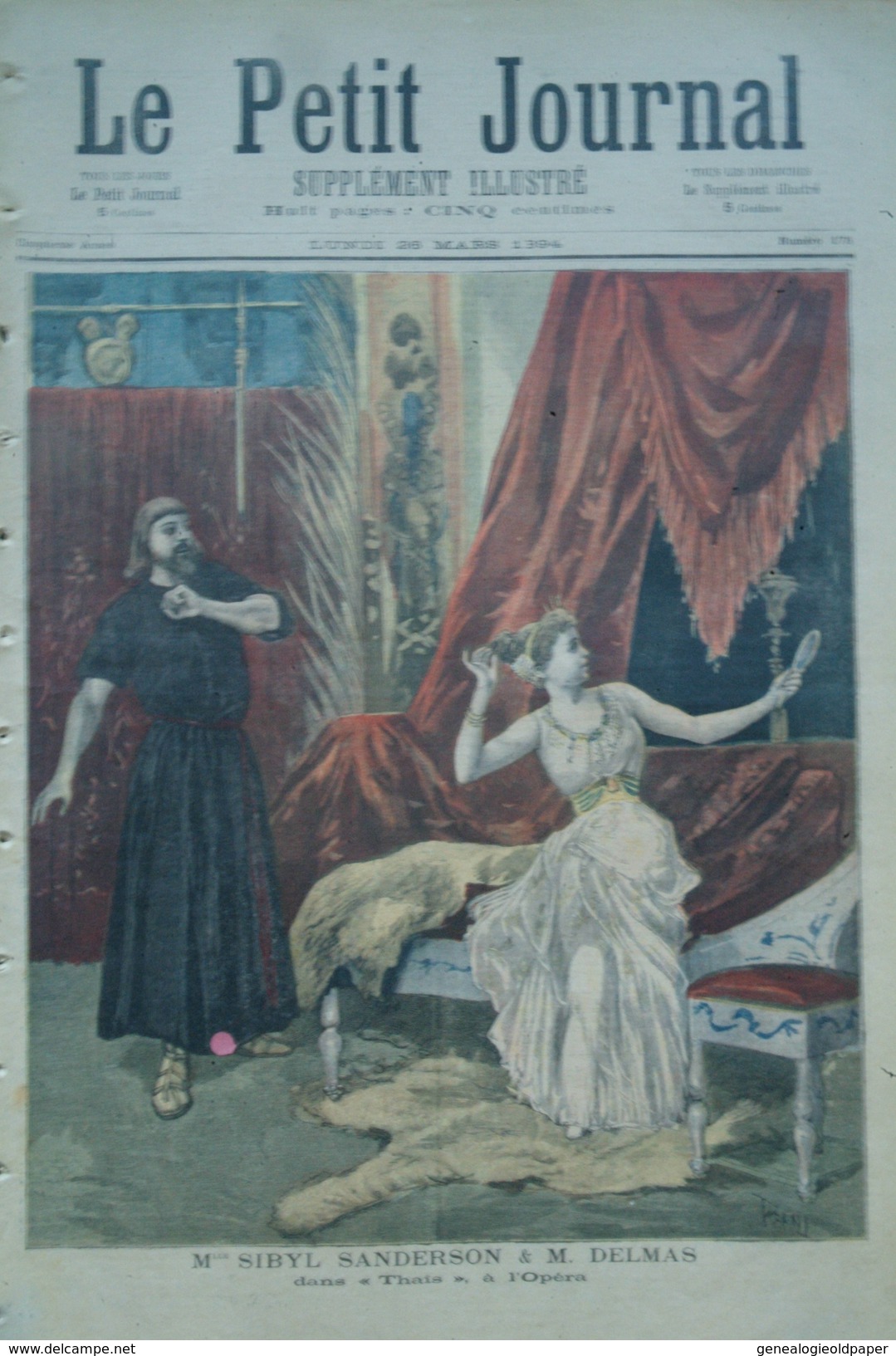 LE PETIT JOURNAL ILLUSTRE- 26-3-1894- MLLE SIBYL SANDERSON & M.DELMAS -THAIS OPERA PARIS- EXPLOSION ANARCHISTE MADELEINE - Documents Historiques