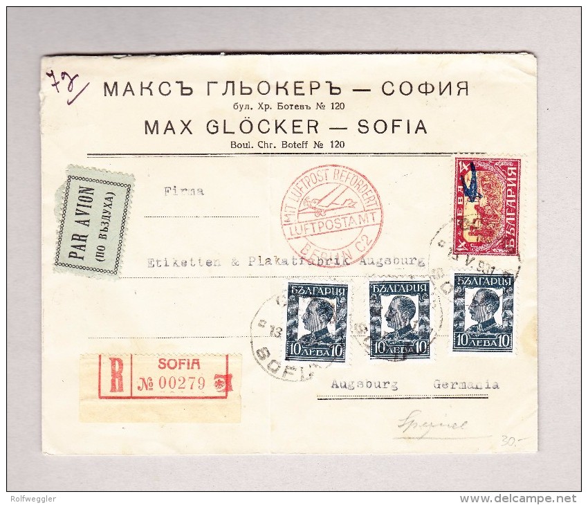 Bulgarien SOFIA 13-5-1931 Flugpost R-Brief Nach Augsburg Mit Transitstempel Rot Luftpostamt Berlin C2 - Lettres & Documents