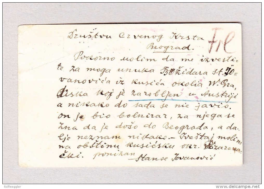 Bulgarien Golemo Gradiste Rot Kreuz Karte Zensuriert Nach Beograd Stempel 5.8.1919 Und GZNB Ankunfts Für Kriegsgefangene - Lettres & Documents