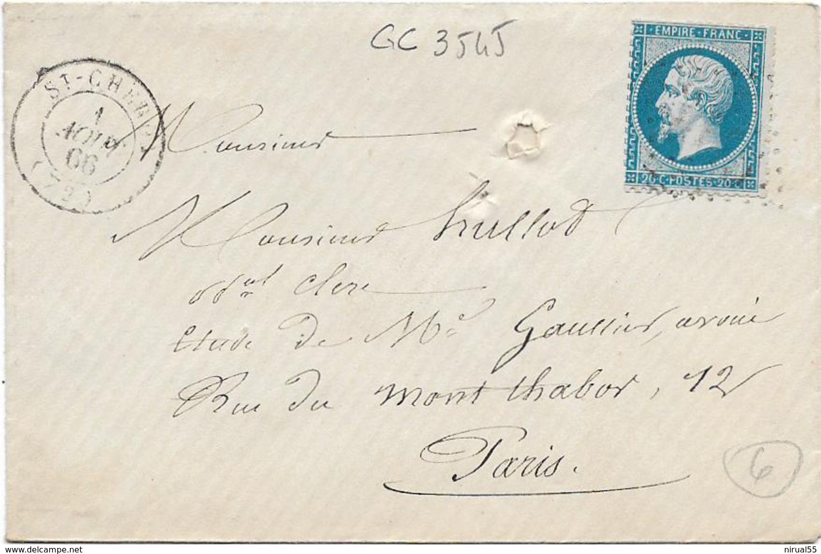 ST CHERON Seine Et Oise CAD Type 15 Du 1.8.1866 + GC (très Faible) 3545 Sur 20c Empire   .....G - 1849-1876: Periodo Classico